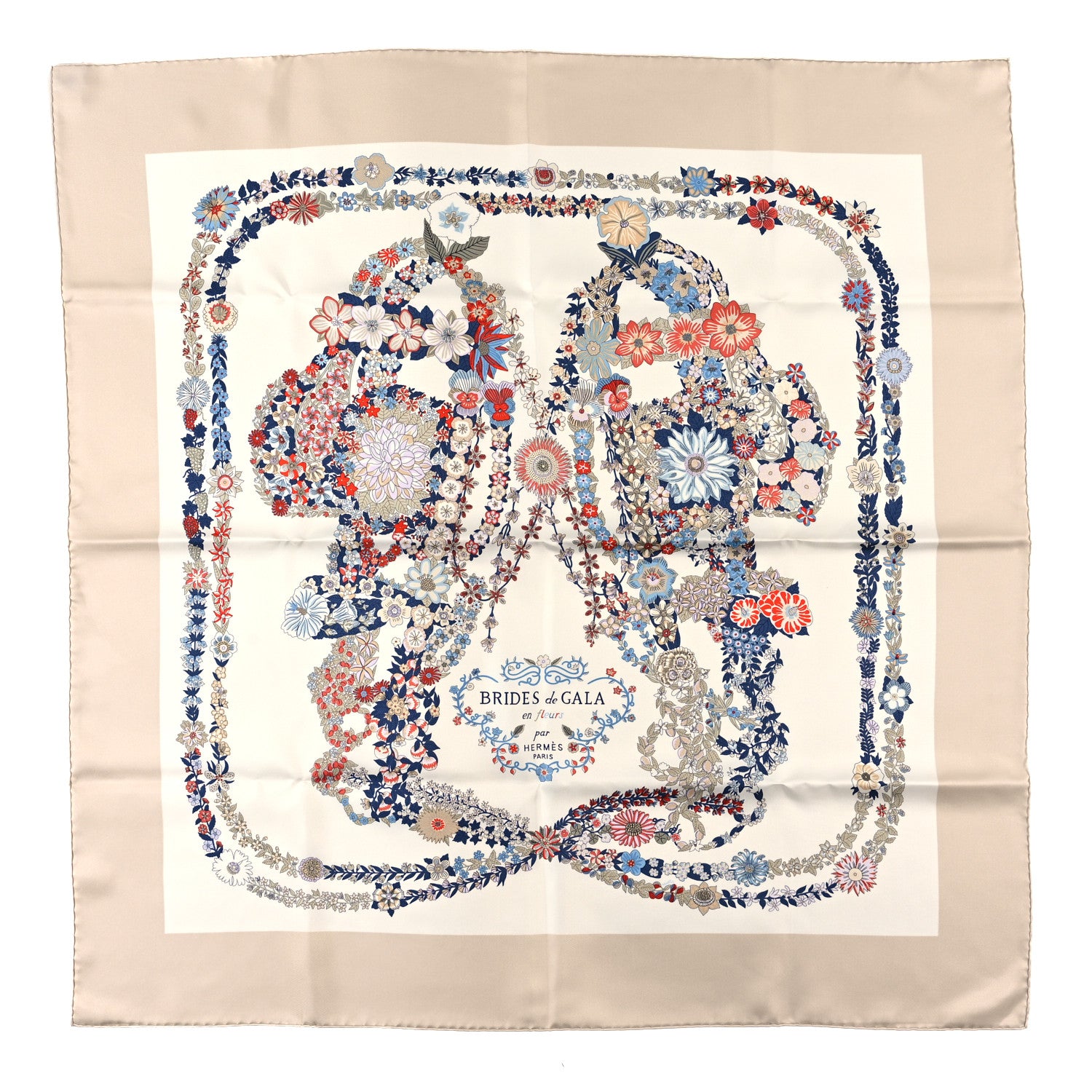 Hermes Silk Brides De Gala En Fleurs Scarf 90 Sable White Blue Sable White Blue 1 of 3