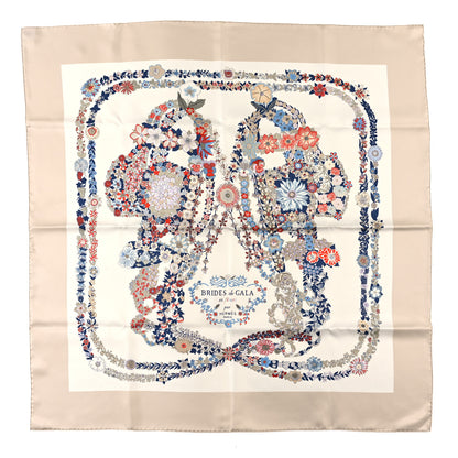 Hermes Silk Brides De Gala En Fleurs Scarf 90 Sable White Blue Sable White Blue 1 of 3
