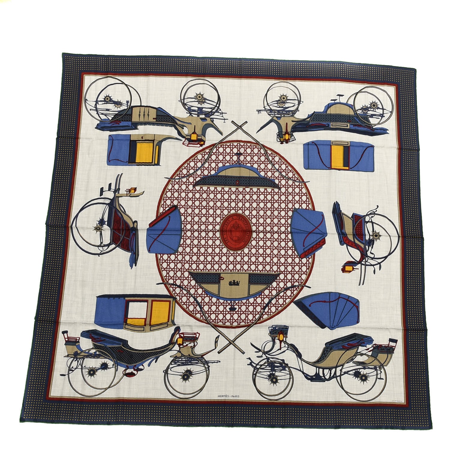 Hermes Cashmere Silk Les Voitures A Transformation Shawl 140 Gris Chine Bleu Rouge H 1 of 5