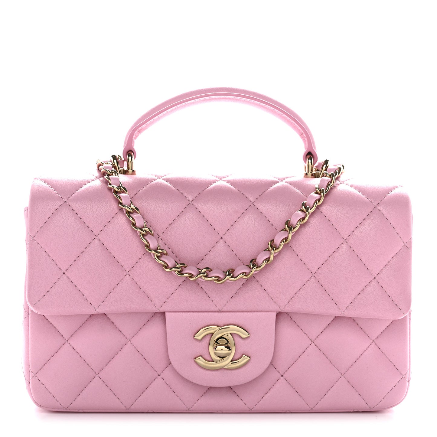 Lambskin Quilted Mini Top Handle Rectangular Flap Pink
