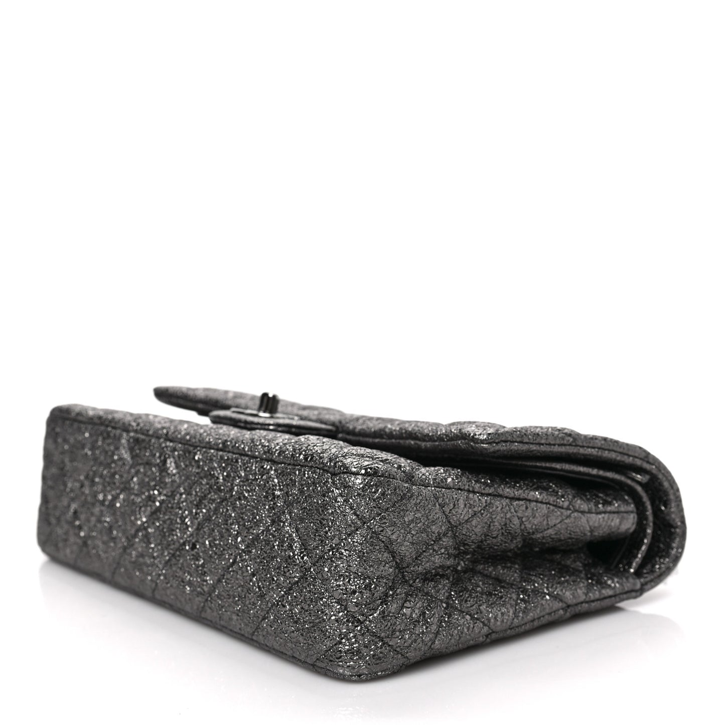 Metallic Crackled Calfskin Medium Double Flap Argent Fonce