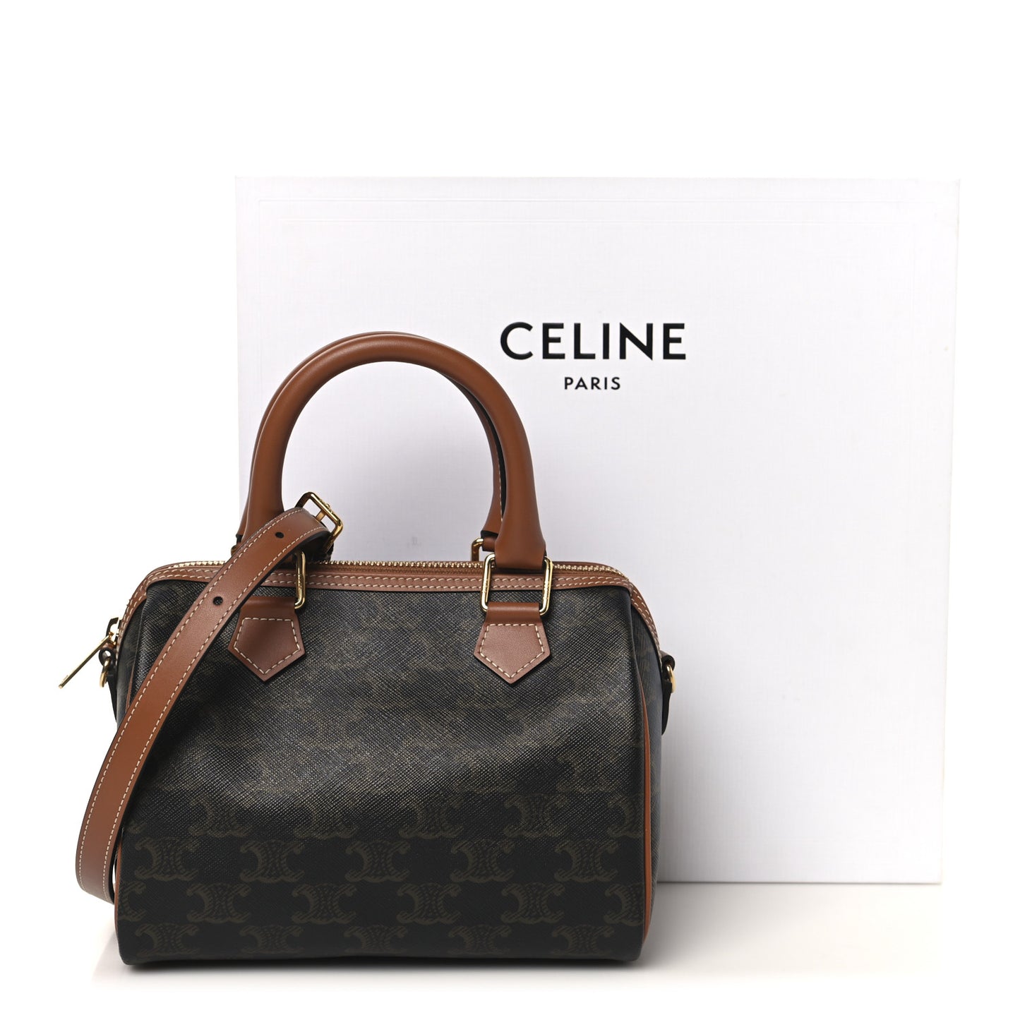 Triomphe Canvas Calfskin Small Boston Bag Tan