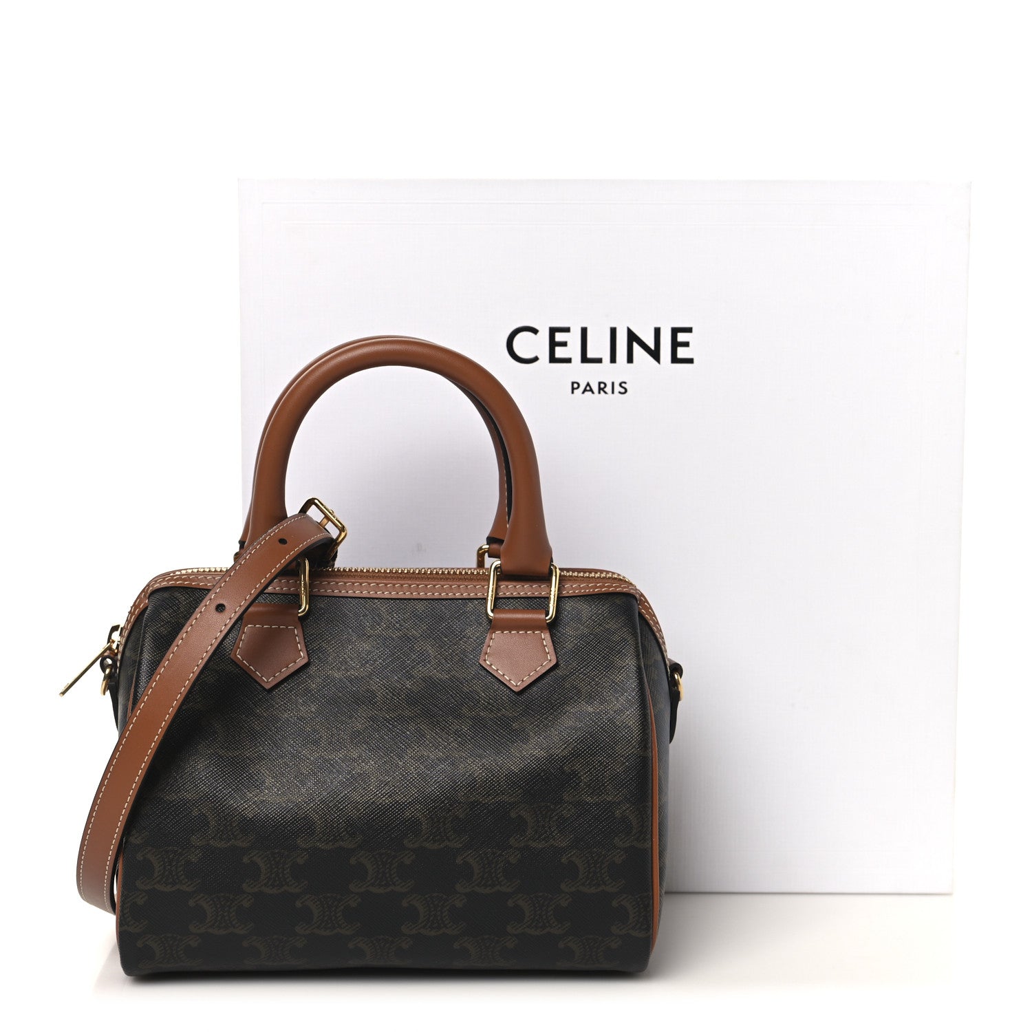 Celine Triomphe Canvas Calfskin Small Boston Bag Tan 10 of 10