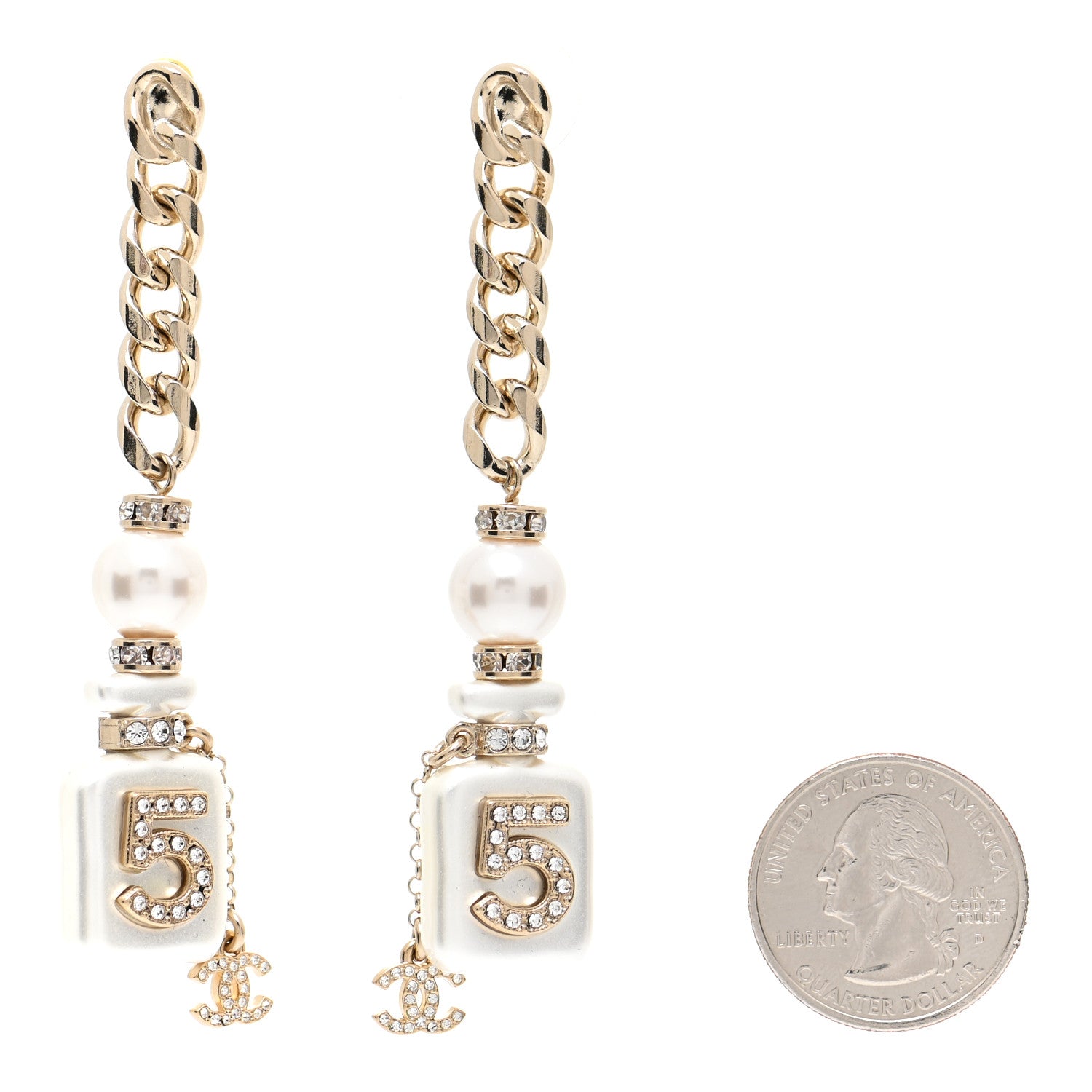 Chanel Pearl Resin Crystal CC No 5 Perfume Bottle Chain Drop Earrings Gold Pearly White 2 of 5