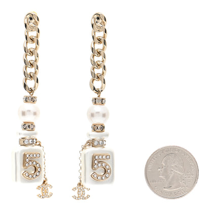Chanel Pearl Resin Crystal CC No 5 Perfume Bottle Chain Drop Earrings Gold Pearly White 2 of 5