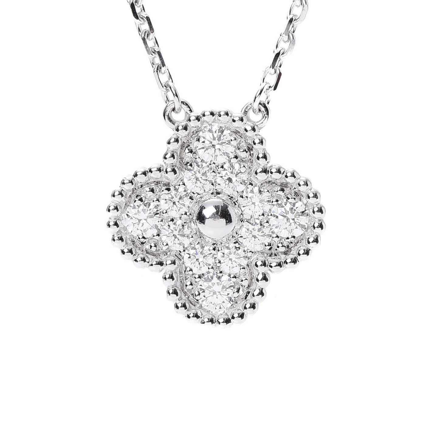 18K White Gold Diamond Vintage Alhambra Pendant Necklace