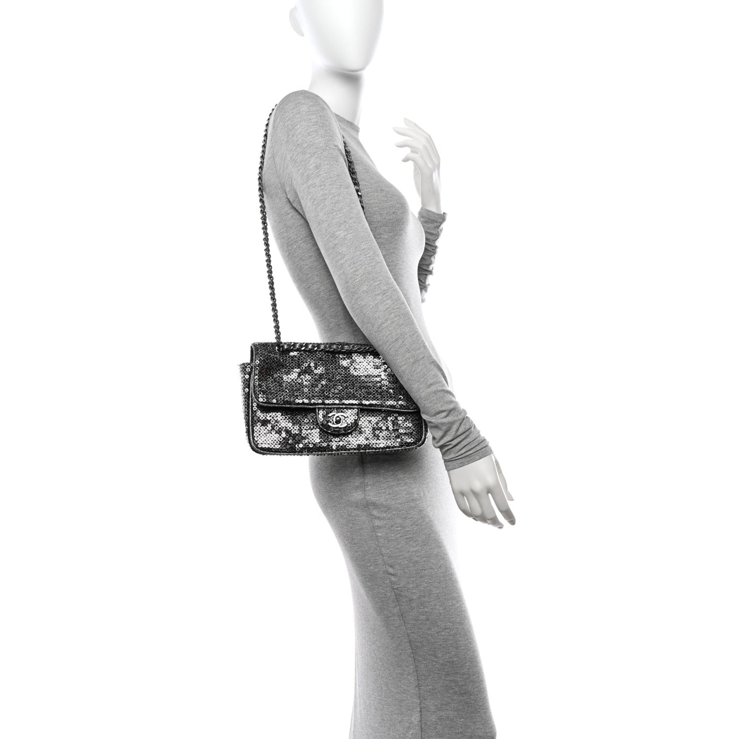Sequin Medium Single Flap Dark Silver