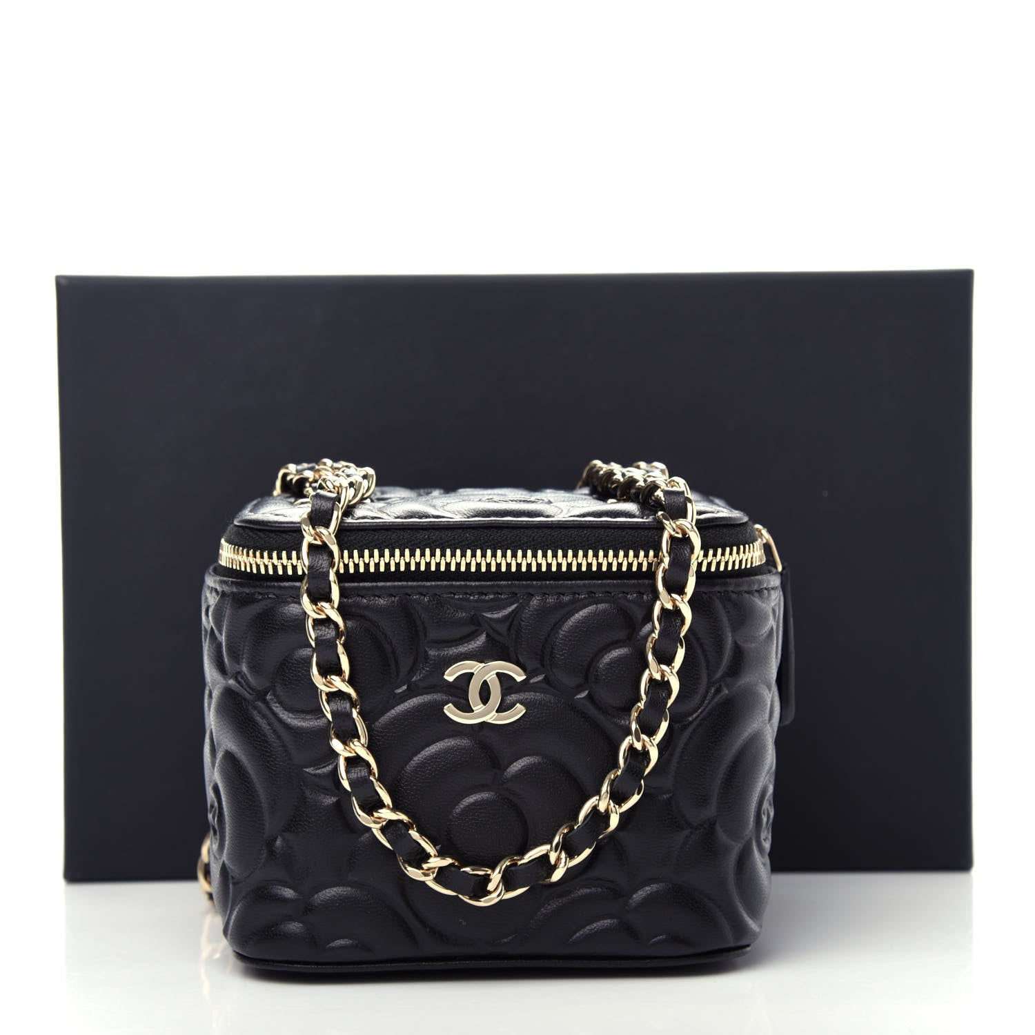 Chanel Lambskin Camellia Embossed Mini Vanity Case With Chain Black 12 of 12