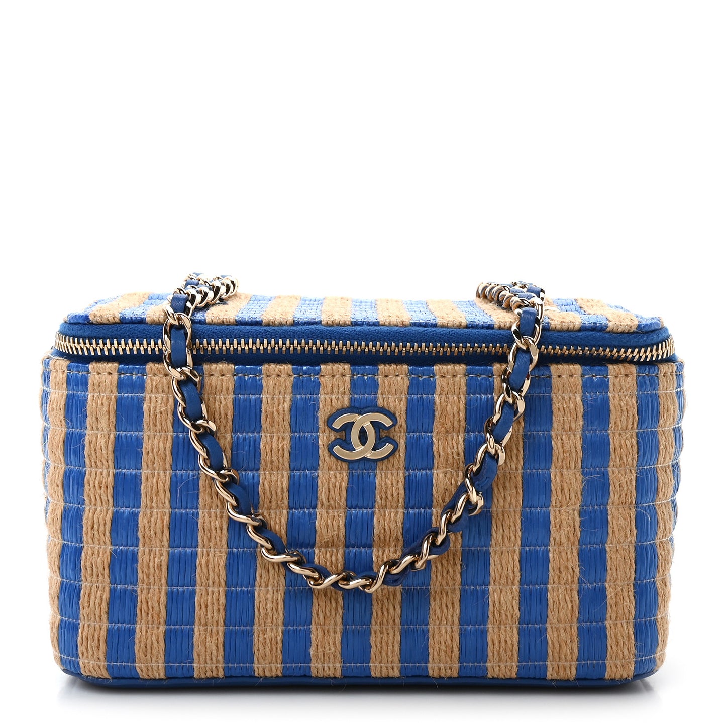 Raffia Jute Striped Small Vanity Case With Chain Blue Beige