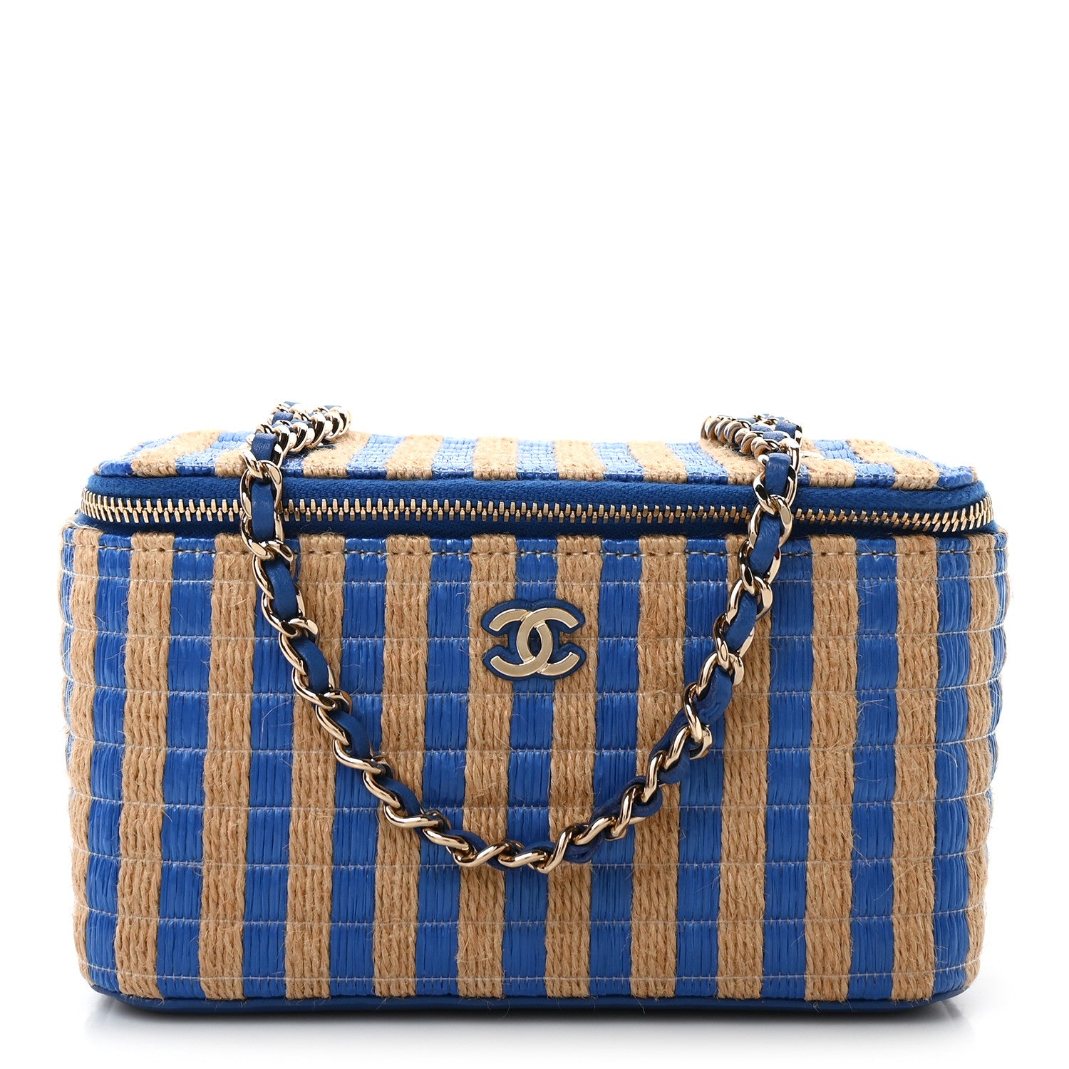 Chanel Raffia Jute Striped Small Vanity Case With Chain Blue Beige 1 of 10