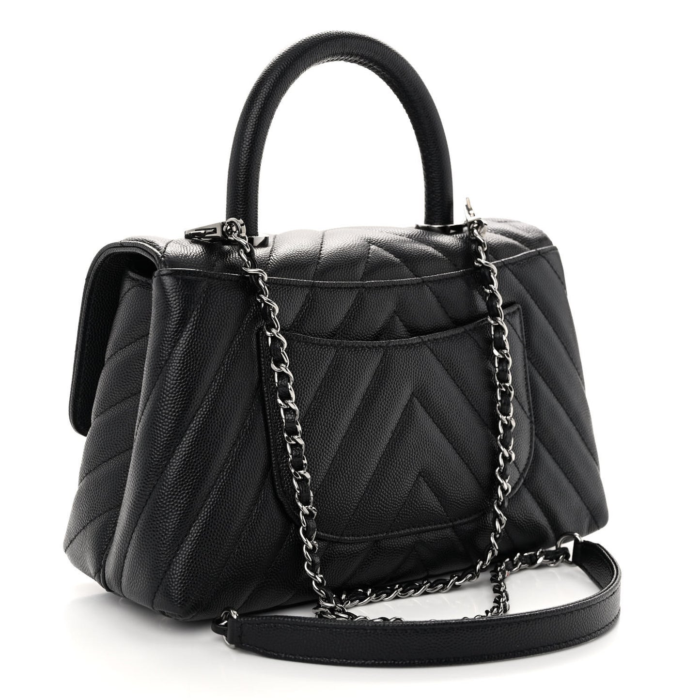 Caviar Chevron Quilted Mini Coco Handle Flap Black
