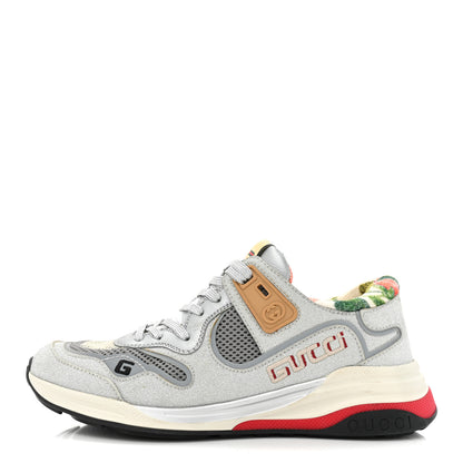Gucci Metallic Calfskin Glitter Mesh Womens Ultrapace Sneakers 38 Silver Light Grey Mystic White 1 of 8