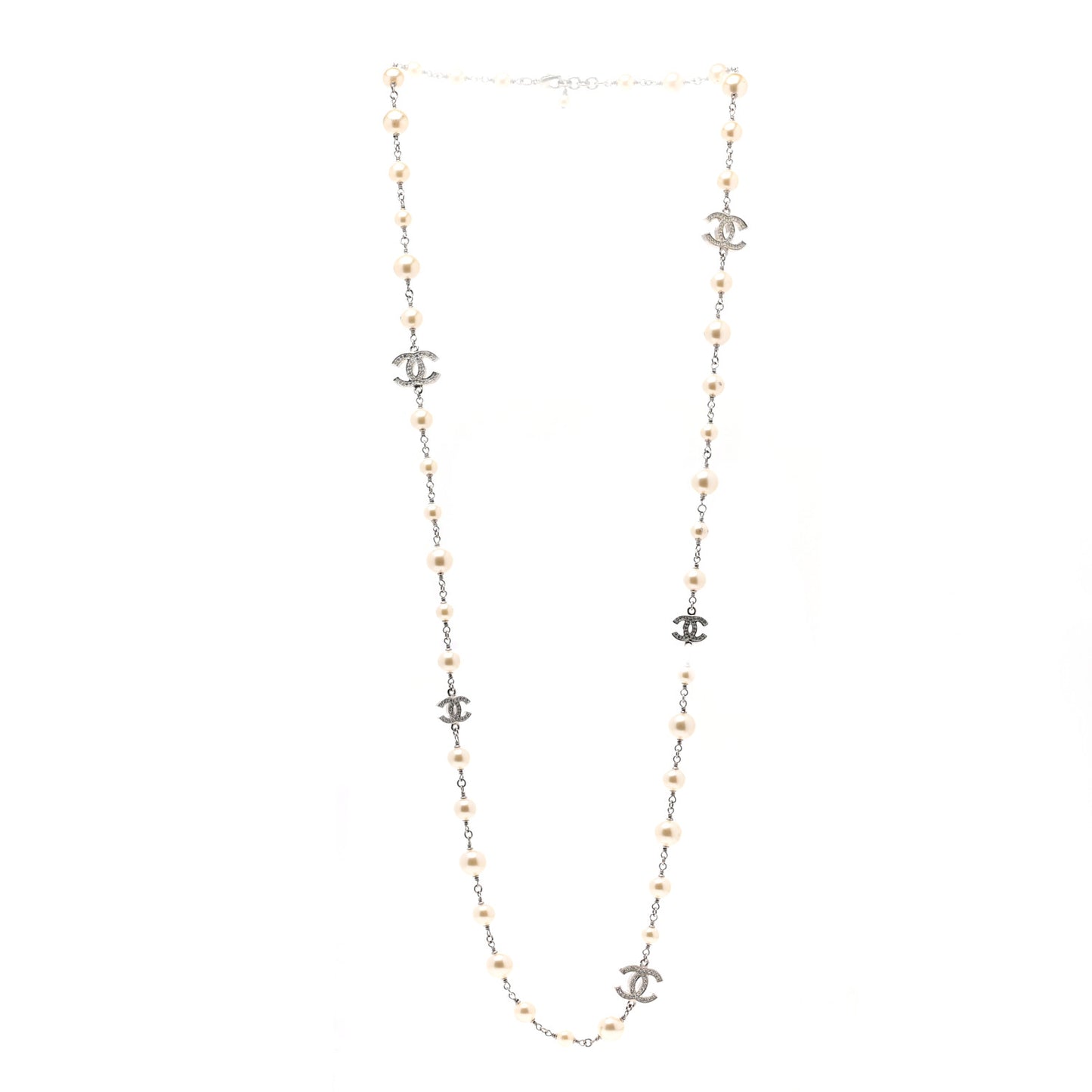 Graduated Pearl Crystal CC Long Necklace Silver