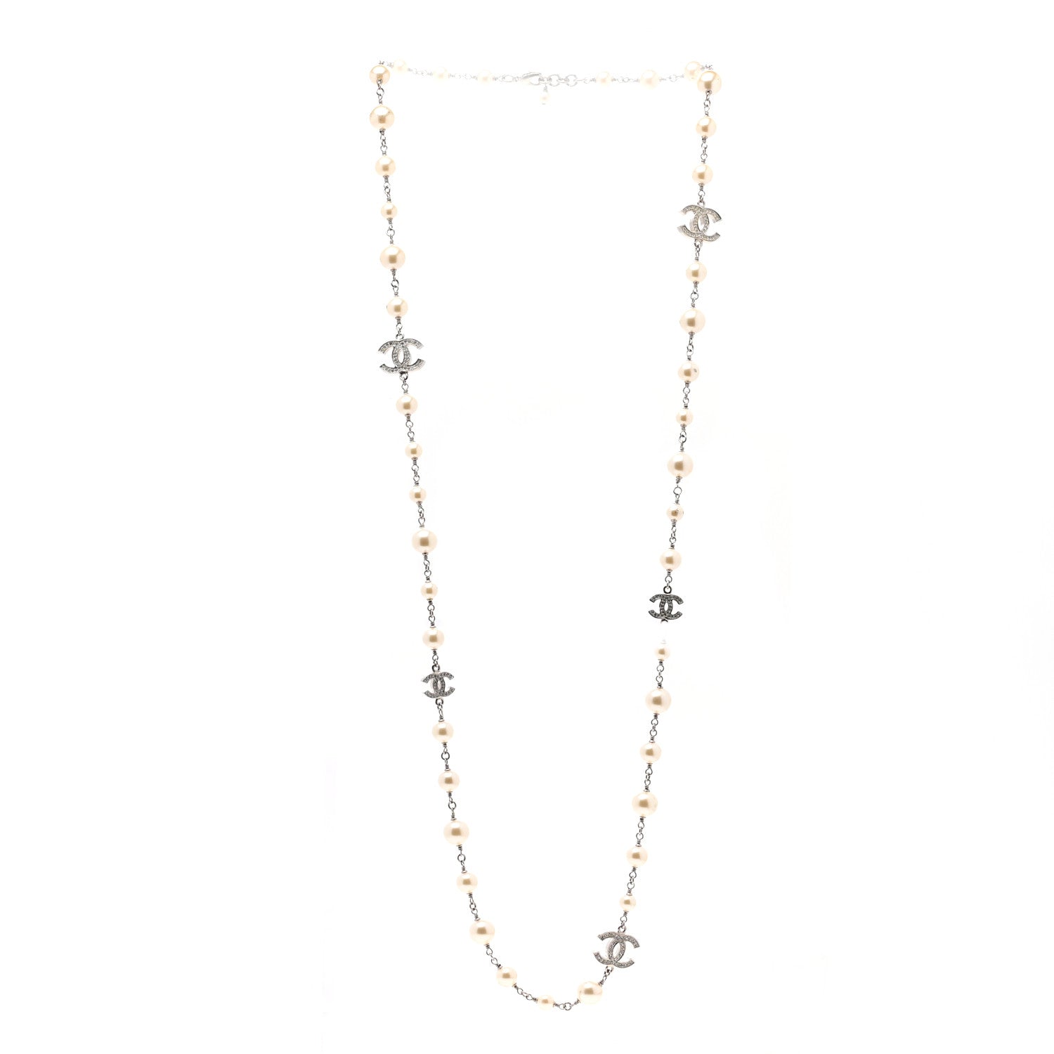 Chanel Graduated Pearl Crystal CC Long Necklace Silver 3 of 7