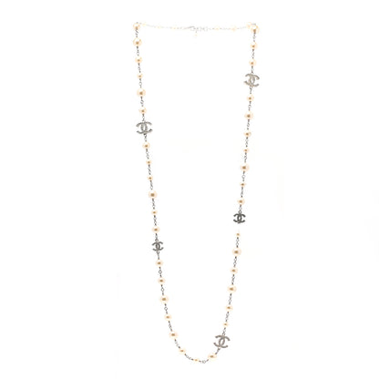 Chanel Graduated Pearl Crystal CC Long Necklace Silver 3 of 7