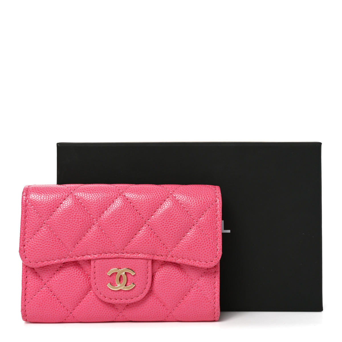 Caviar Quilted Flap Card Holder Wallet Pink