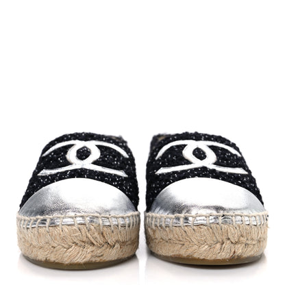 Chanel Laminated Lambskin Tweed CC Espadrilles 37 Black White Silver 3 of 11