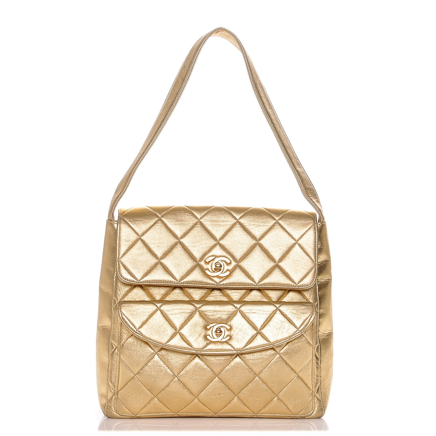 Chanel Metallic Lambskin Quilted Double Pocket Shoulder Bag Gold 1 of 8
