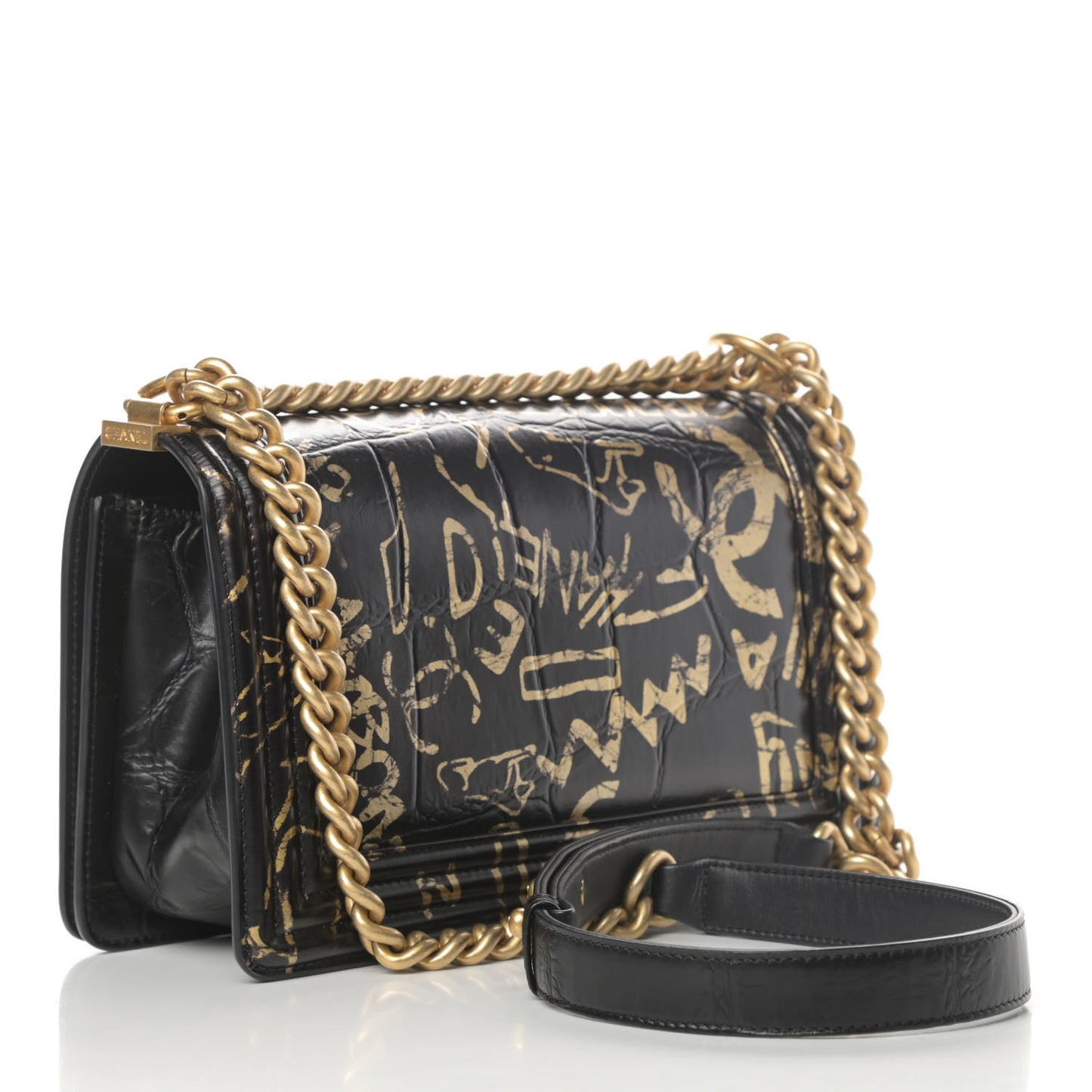Calfskin Crocodile Embossed Graffiti Cocodile Medium Boy Flap Black