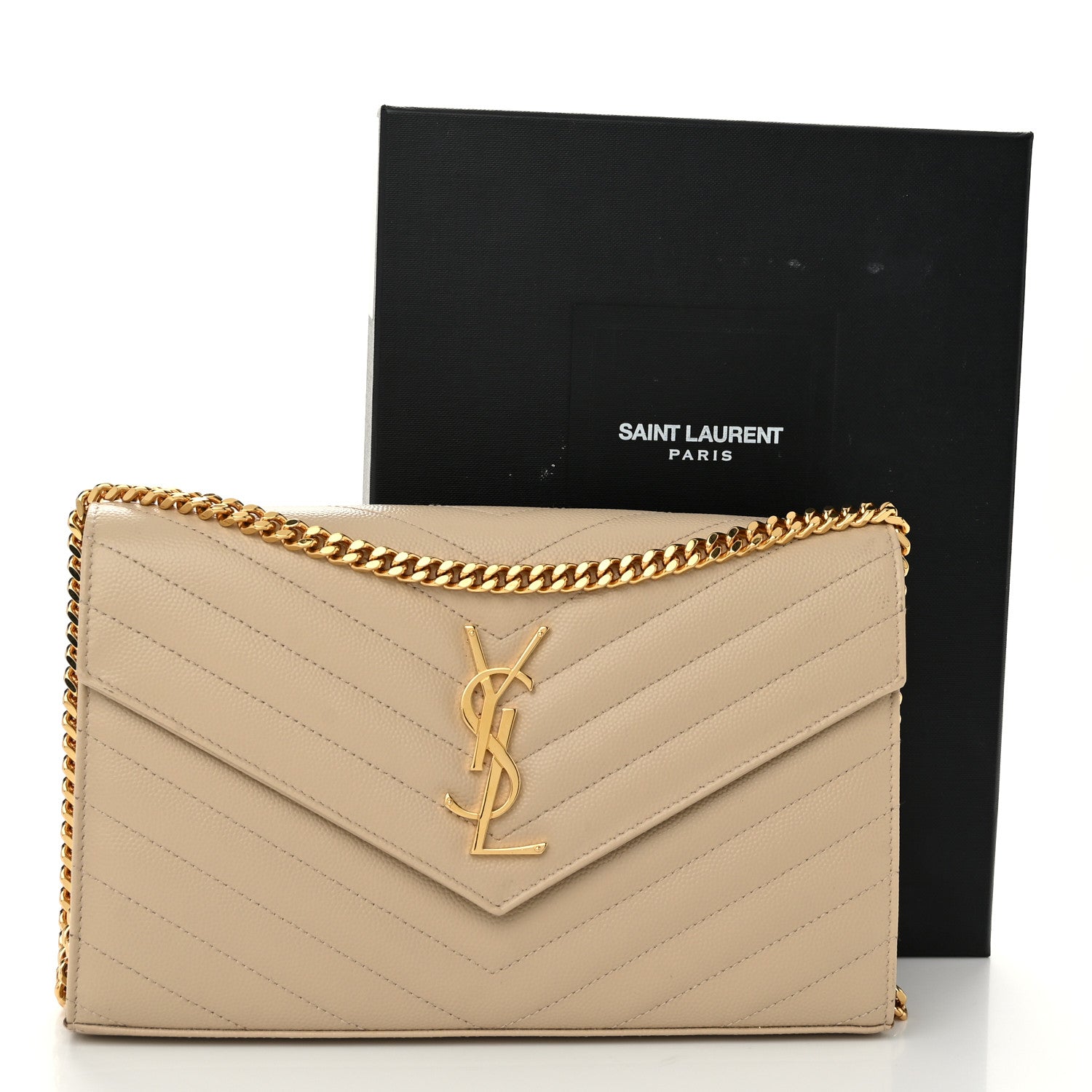 Saint Laurent Grain De Poudre Matelasse Chevron Monogram Chain Wallet Dark Beige 11 of 11