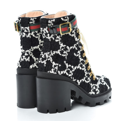 Gucci Tweed GG Monogram Lace Up Combat Ankle Boots 36 Black 4 of 9