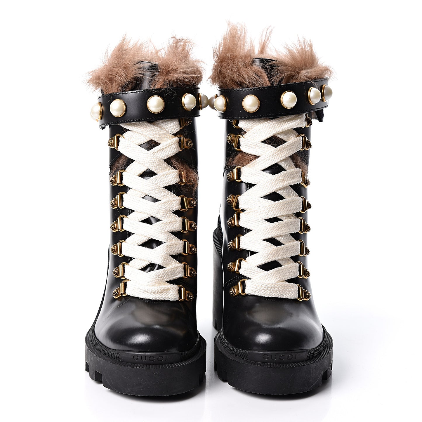 Magnum Calfskin Fur Pearl Lace Up Combat Ankle Boots 35 Black Naturale