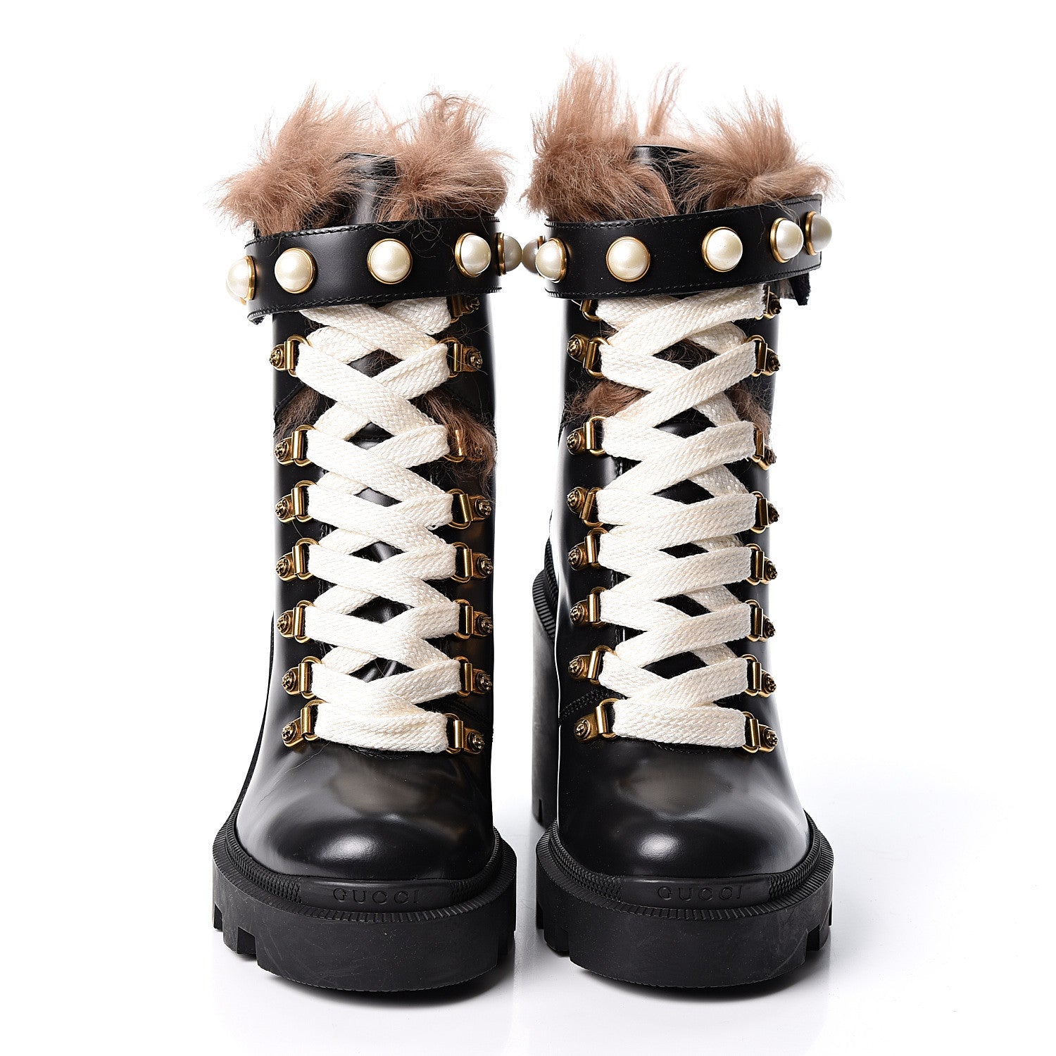 Gucci Magnum Calfskin Fur Pearl Lace Up Combat Ankle Boots 35 Black Naturale 2 of 8