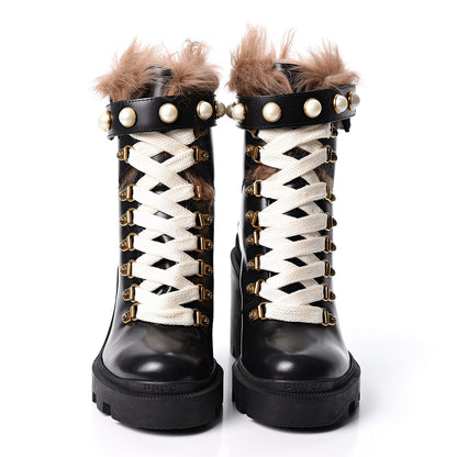 Gucci Magnum Calfskin Fur Pearl Lace Up Combat Ankle Boots 35 Black Naturale 2 of 8