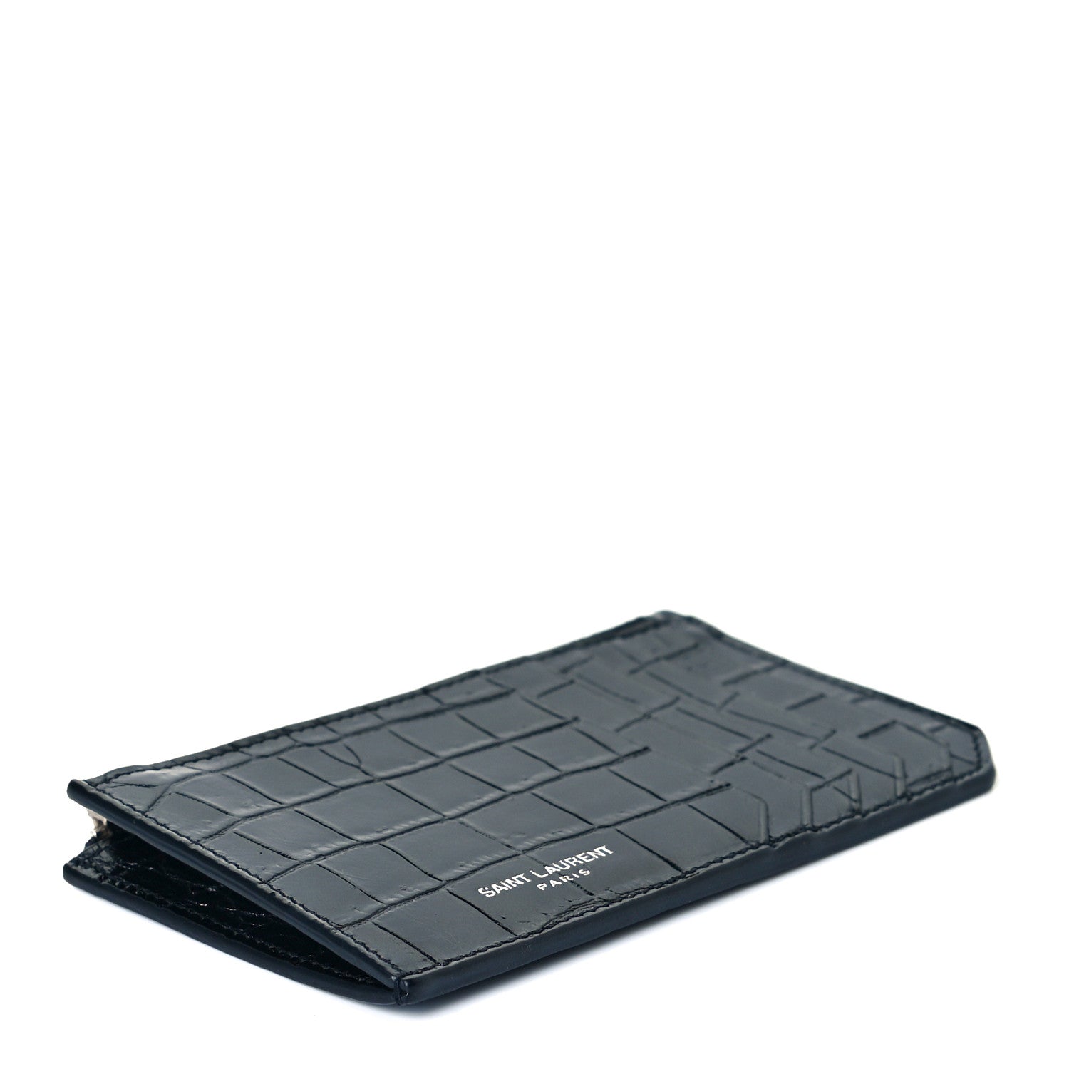 Saint Laurent Calfskin Crocodile Embossed 5 Fragments Zip Pouch Card Holder Black 4 of 10