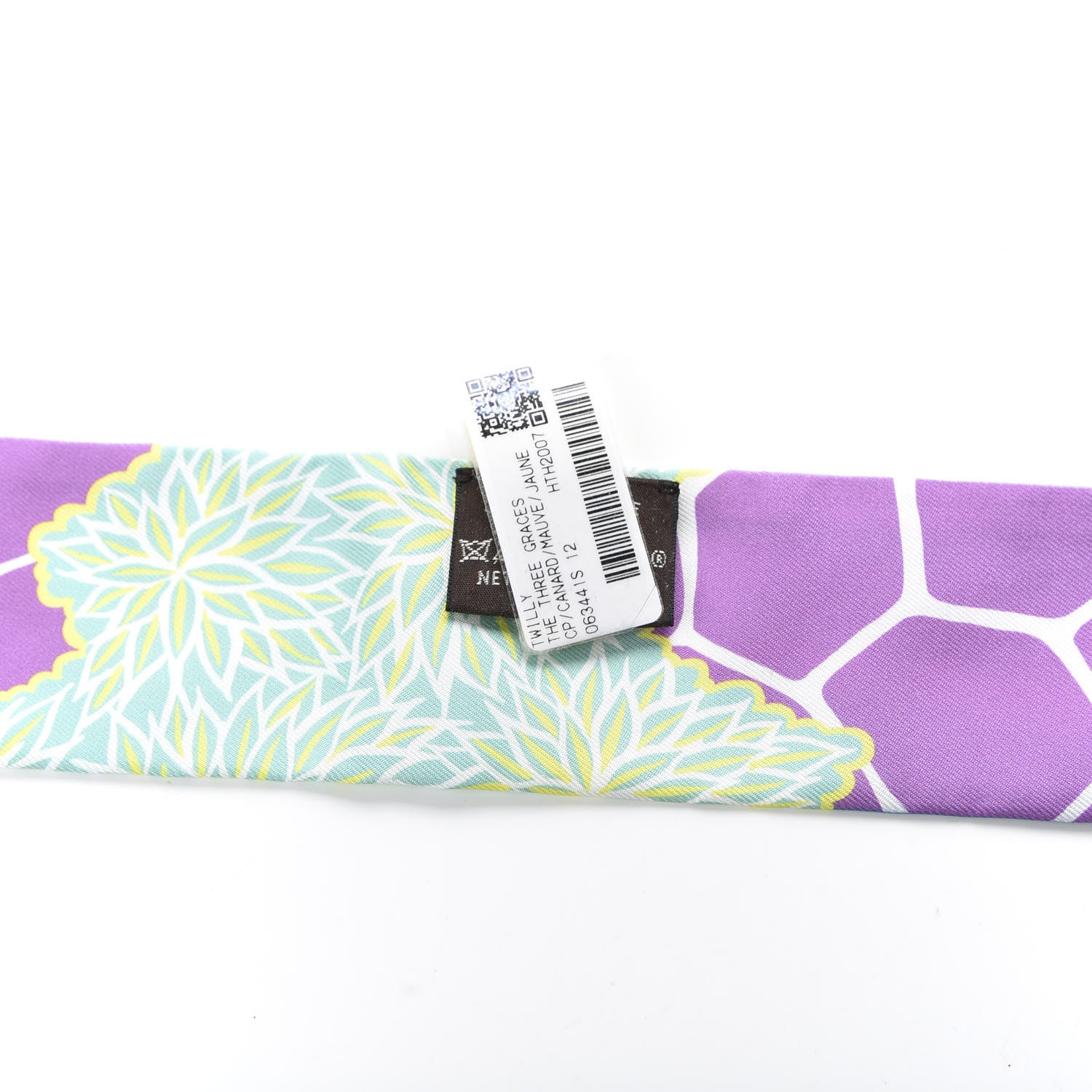 Hermes Silk The Three Graces Twilly Canard Mauve Jaune Fluo 3 of 4