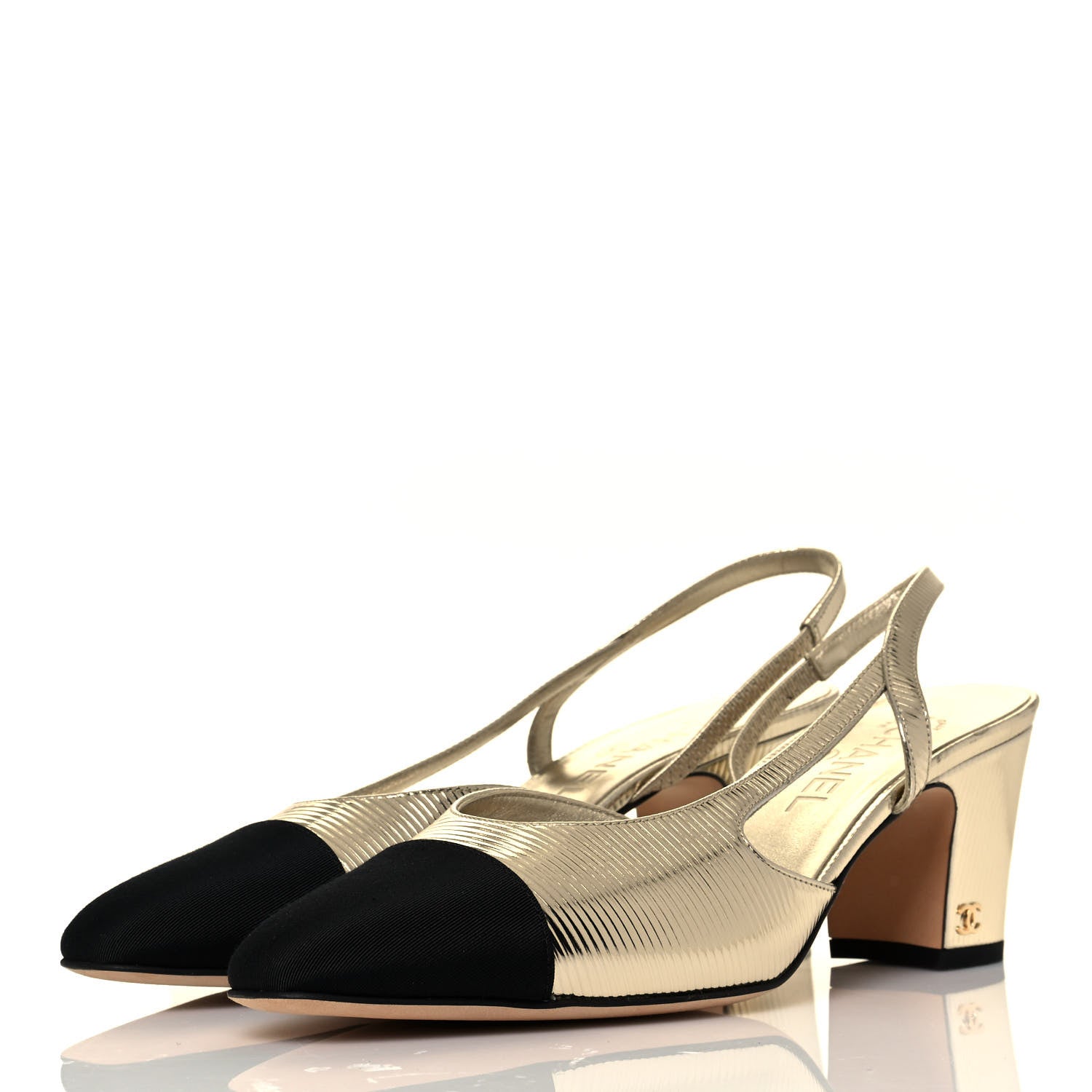 Chanel Metallic Cap Toe CC Slingback Sandals 39.5 Gold Black 3 of 7