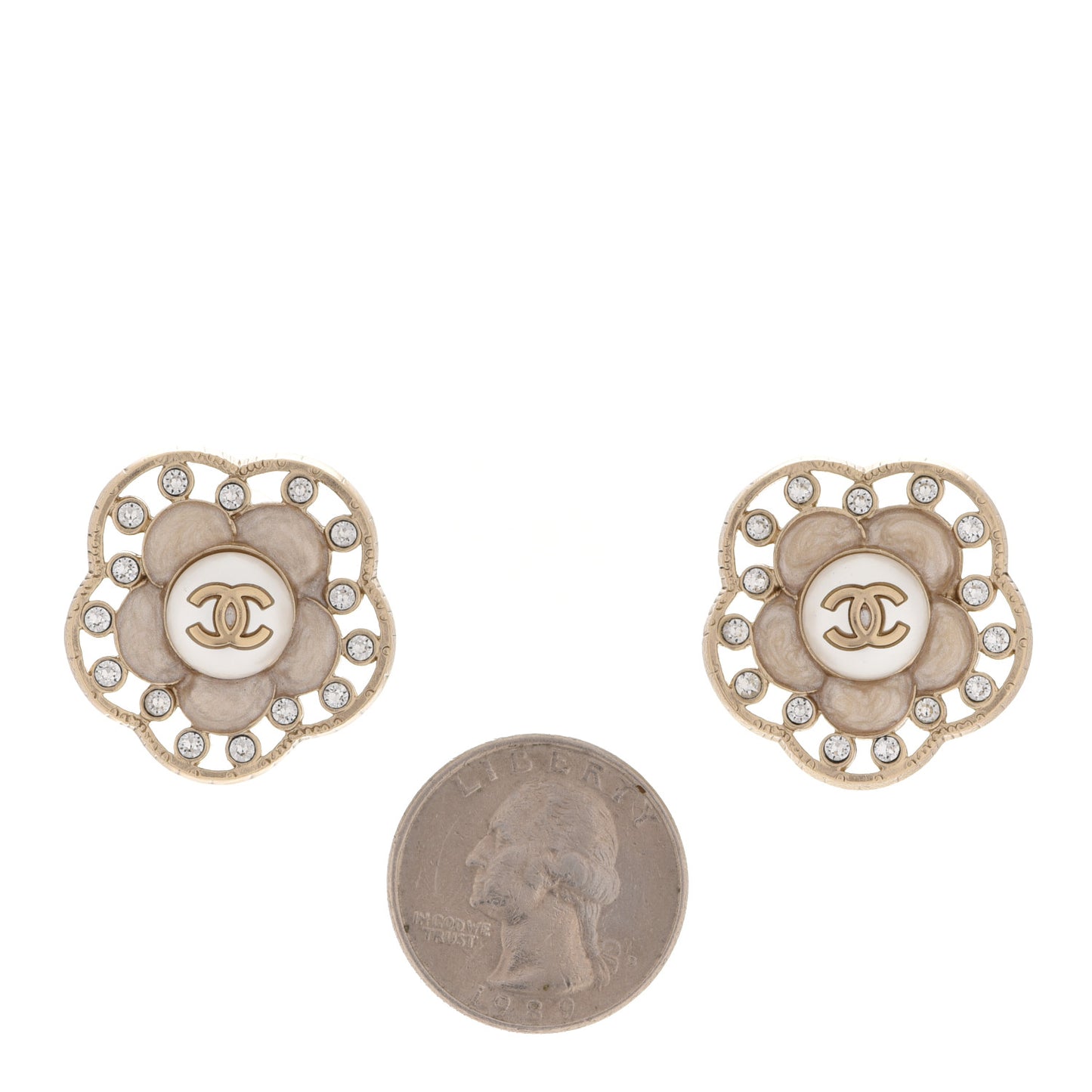 Enamel Crystal Pearl CC Camellia Earrings Pink Gold