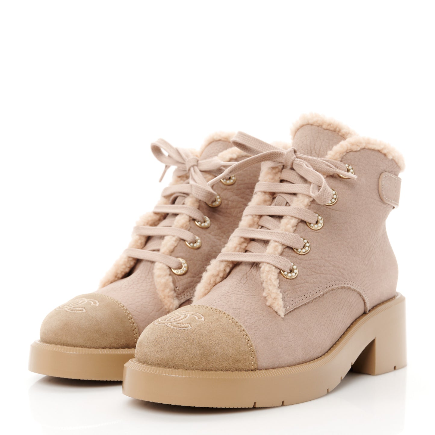 Calfskin Shearling Quilted Cap Toe Combat Boots 37 Light Pink Beige