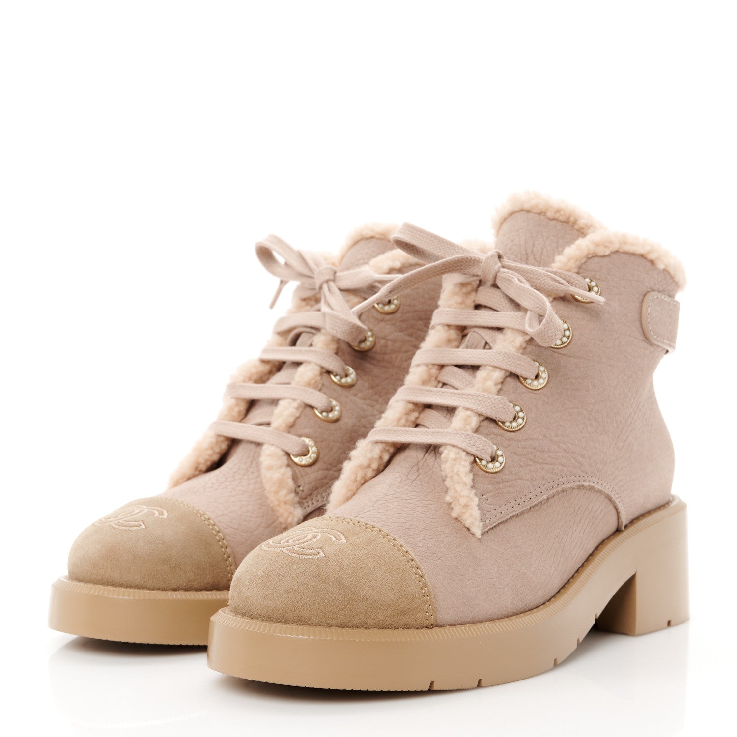 Chanel Calfskin Shearling Quilted Cap Toe Combat Boots 37 Light Pink Beige 3 of 9
