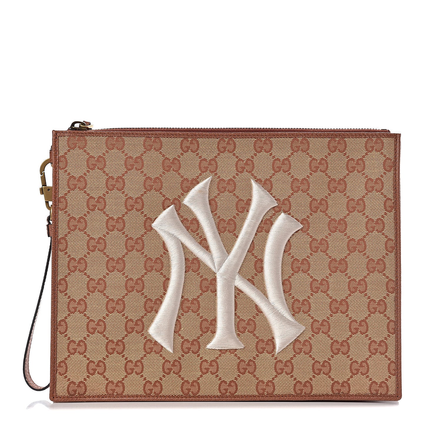 X MLB GG Monogram NY Yankees Zip Wristlet Pouch Beige Ruggine Ivory