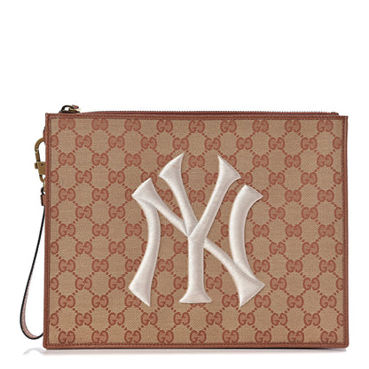Gucci X MLB GG Monogram NY Yankees Zip Wristlet Pouch Beige Ruggine Ivory 1 of 11