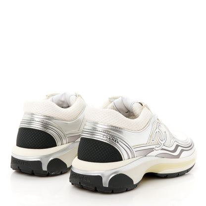 Chanel Fabric Laminated Calfskin Stretch CC Womens Sneakers 37 White Silver 5 of 9
