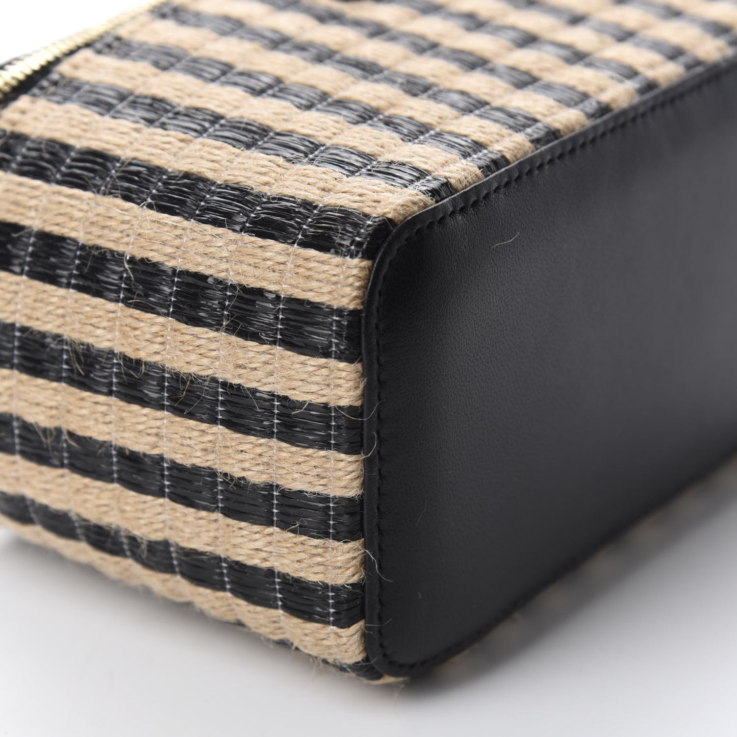 Raffia Jute Striped Small Vanity Case With Chain Black Beige