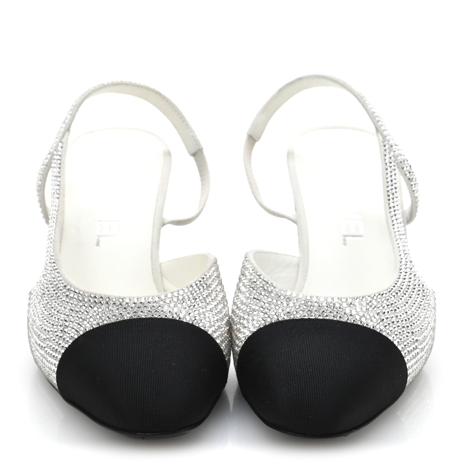 Chanel Strass Grosgrain Cap Toe CC Slingback Pumps 37.5 Silver Black 3 of 10