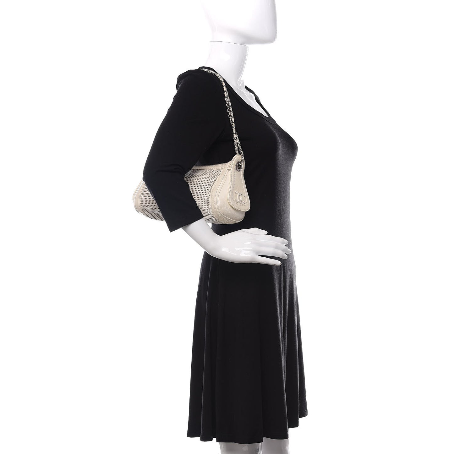 Caviar Perforated Pulley Shoulder Bag White