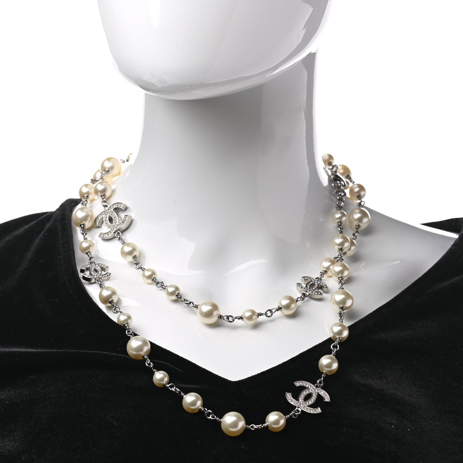 Chanel Graduated Pearl Crystal CC Long Necklace Silver 2 of 5