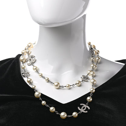 Chanel Graduated Pearl Crystal CC Long Necklace Silver 2 of 5