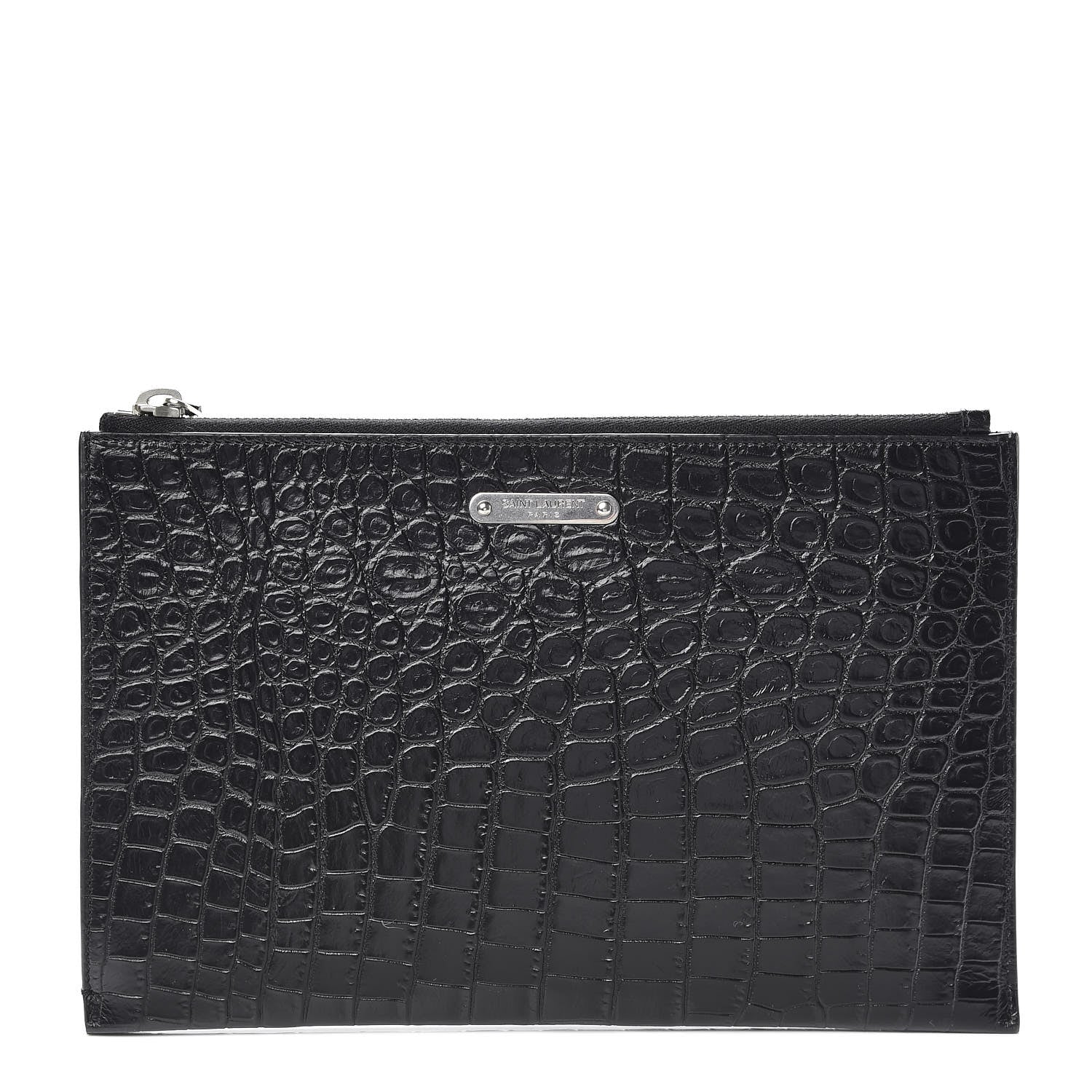 Saint Laurent Calfskin Crocodile Embossed ID Mini Tablet Holder Black 1 of 9