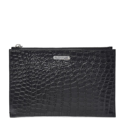 Saint Laurent Calfskin Crocodile Embossed ID Mini Tablet Holder Black 1 of 9