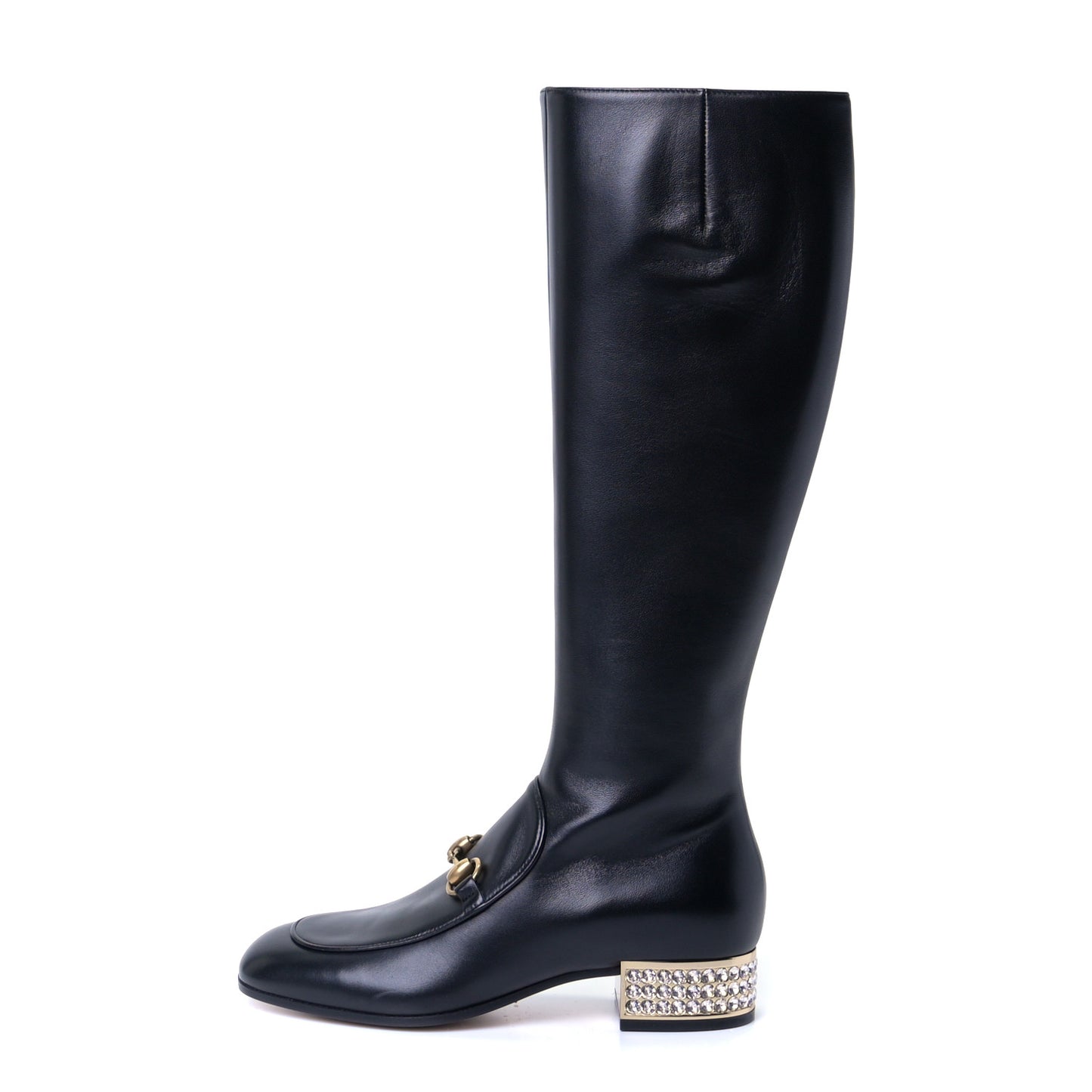 Calfskin Knee High Horsebit Crystal Heel Boots 35.5 Black