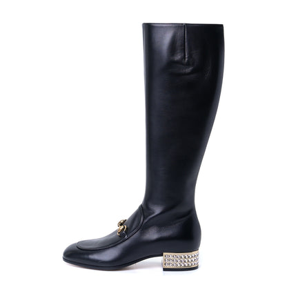 Gucci Calfskin Knee High Horsebit Crystal Heel Boots 35.5 Black 1 of 8