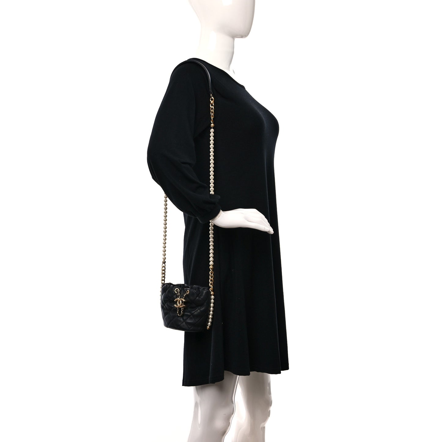 Calfskin Quilted Pearl Mini About Pearls Drawstring Bucket Bag Black