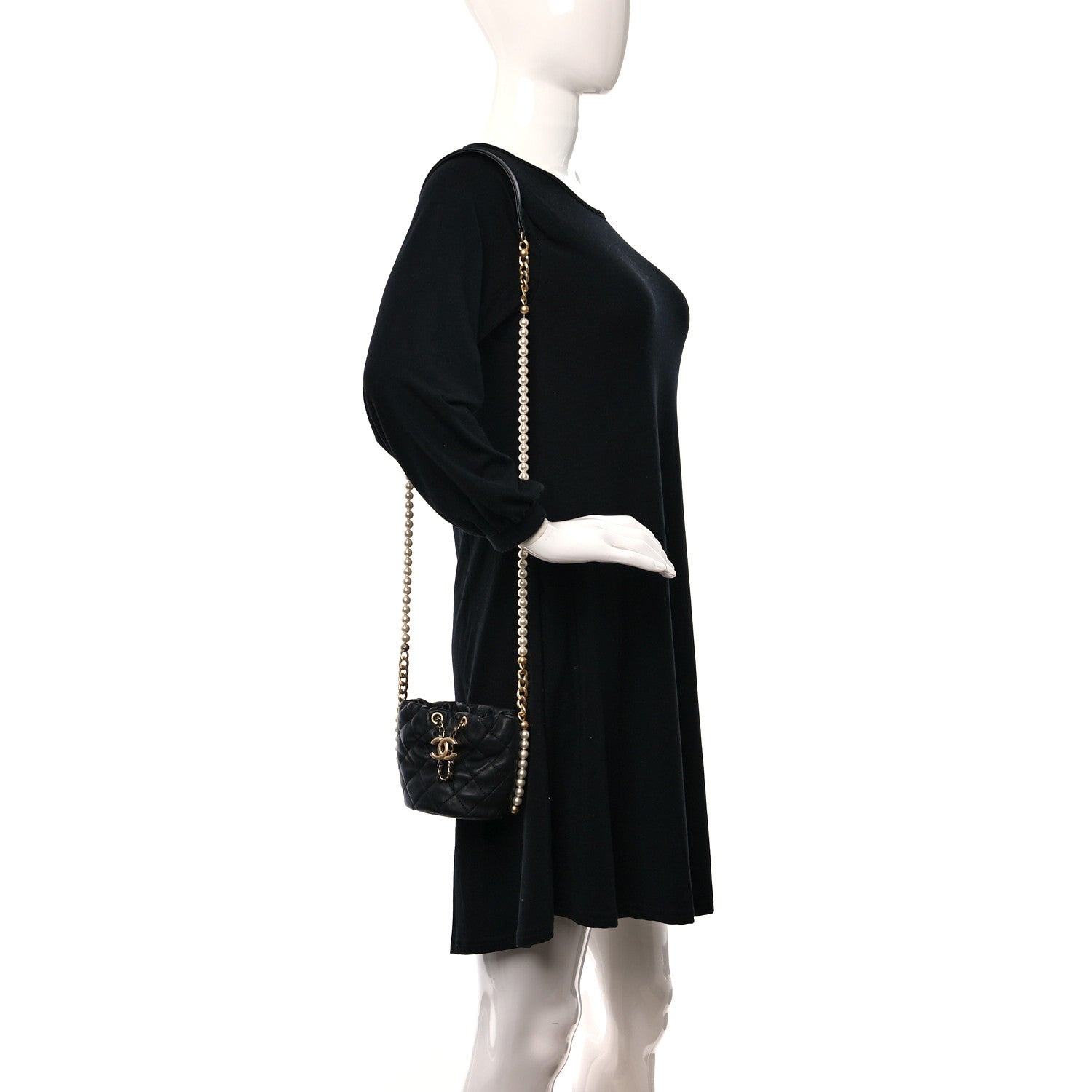Chanel Calfskin Quilted Pearl Mini About Pearls Drawstring Bucket Bag Black 2 of 9