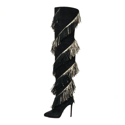 Christian Louboutin Veau Velours Lame Tweed Bolcheva 120 Thigh High Boots 37 Black Platine 1 of 9