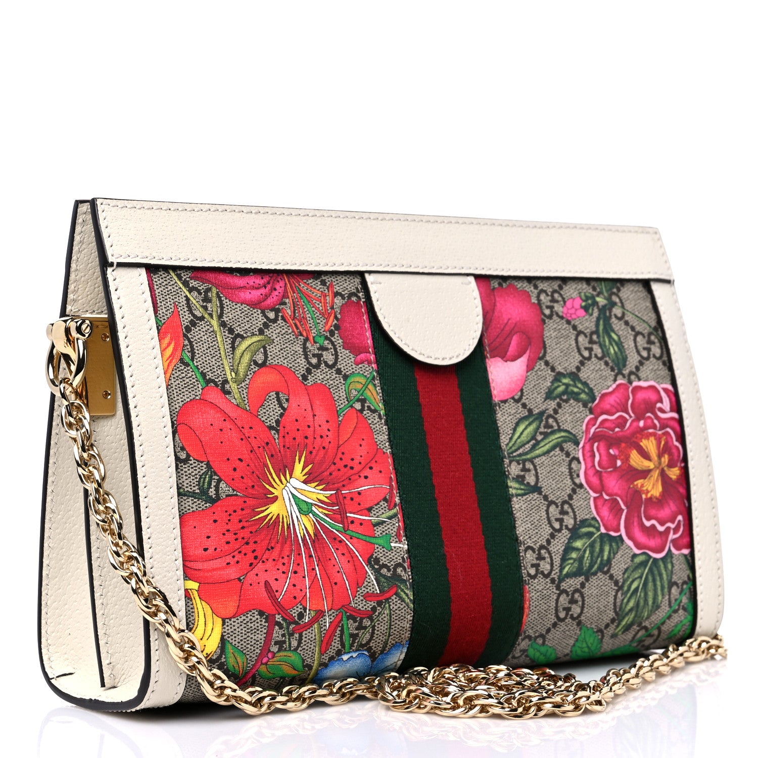Gucci GG Supreme Monogram Flora Web Small Ophidia Chain Shoulder Bag White 3 of 10